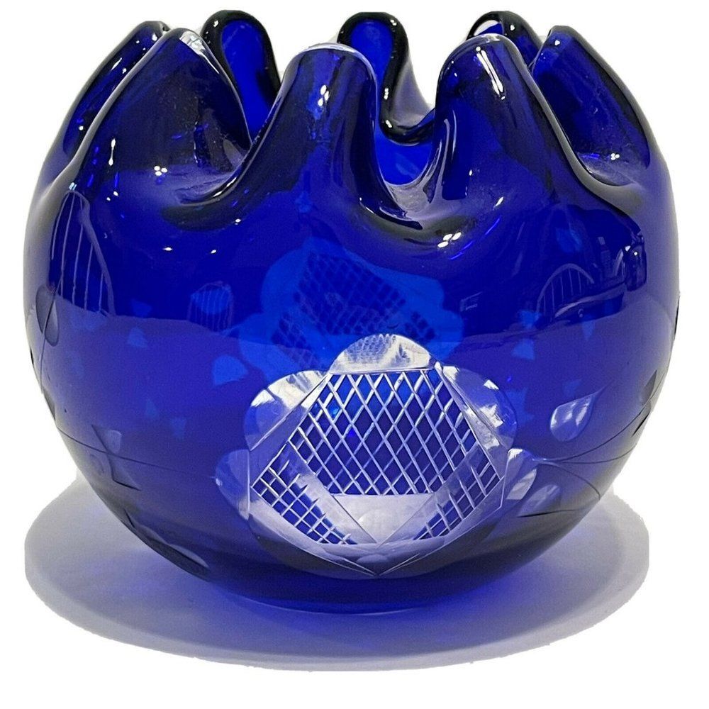 Cobalt Blue Rose Bowl Dish Cut to Clear Crystal Ruffle Pinched Vase